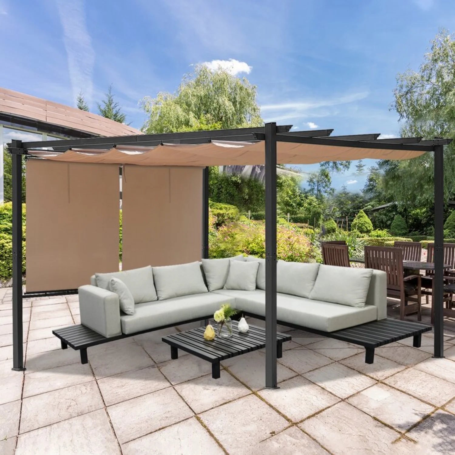 Aoodor 12 x 10 ft Outdoor Pergola with Retractable Shade Canopy, Dark Gray Matte Aluminum Frame, 4 Pieces Roller Shade Curtain, Grape Trellis Pergola for Patio Backyard -Dark Brown