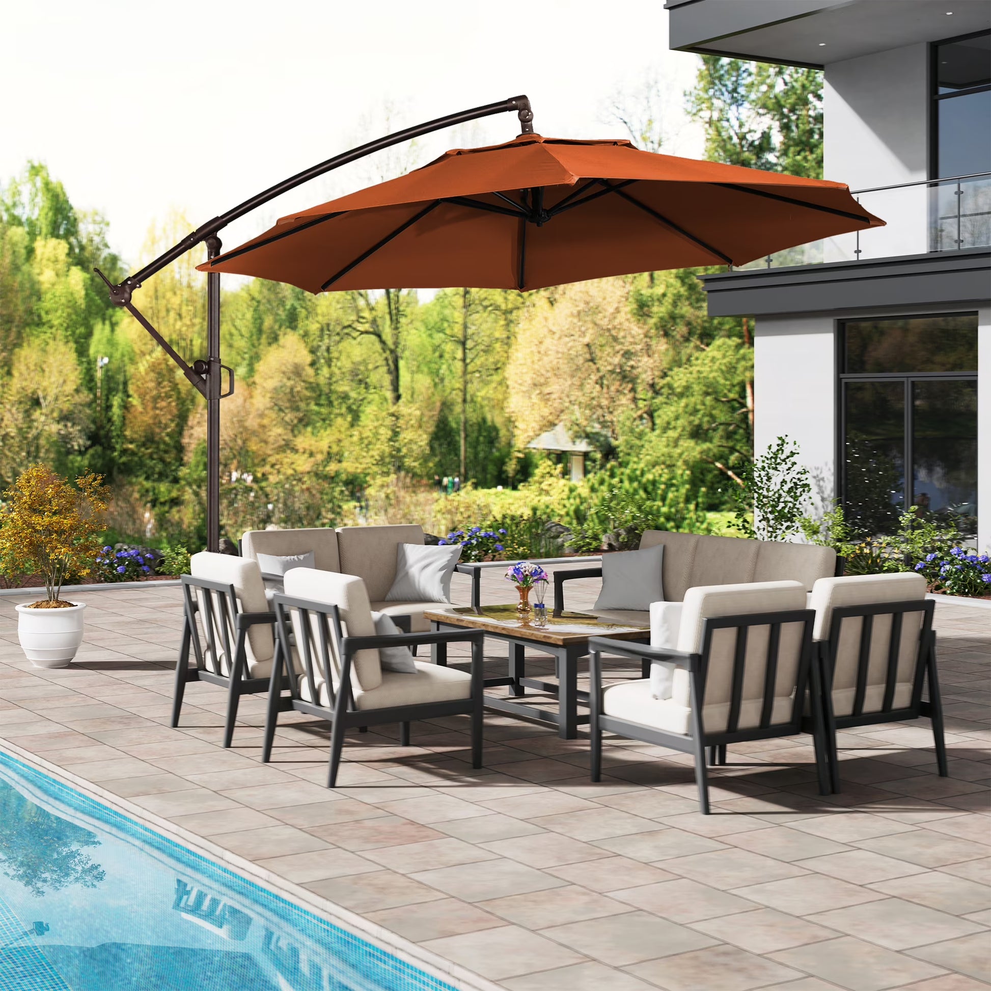 Mondawe 10ft Solar Lights Offset Cantilever Patio Umbrella - with Light, LED Lighted Offset Hanging Patio Outdoor Market Umbrella UPF50+ UV Protection with Crank,Navy Blue