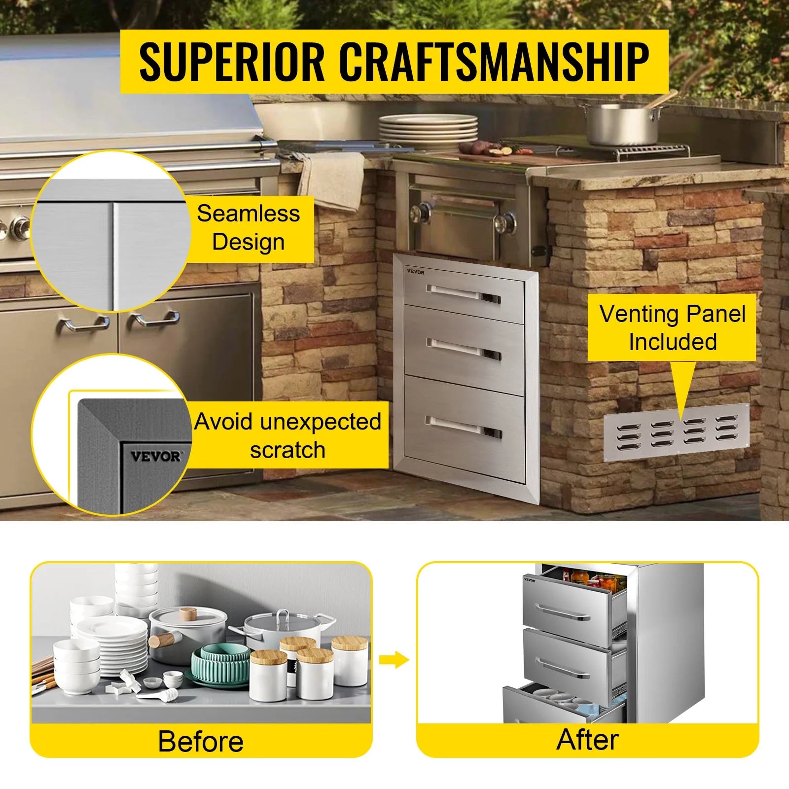 Outdoor Kitchen Drawers 18" W x 20.5" H x 20.5" D, Flush Mount Triple Access BBQ Drawers with Stainless Steel Handle, BBQ Island Drawers for Outdoor Kitchens or BBQ Island Patio Grill Station