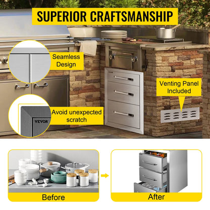 Outdoor Kitchen Drawers 18" W x 20.5" H x 20.5" D, Flush Mount Triple Access BBQ Drawers with Stainless Steel Handle, BBQ Island Drawers for Outdoor Kitchens or BBQ Island Patio Grill Station