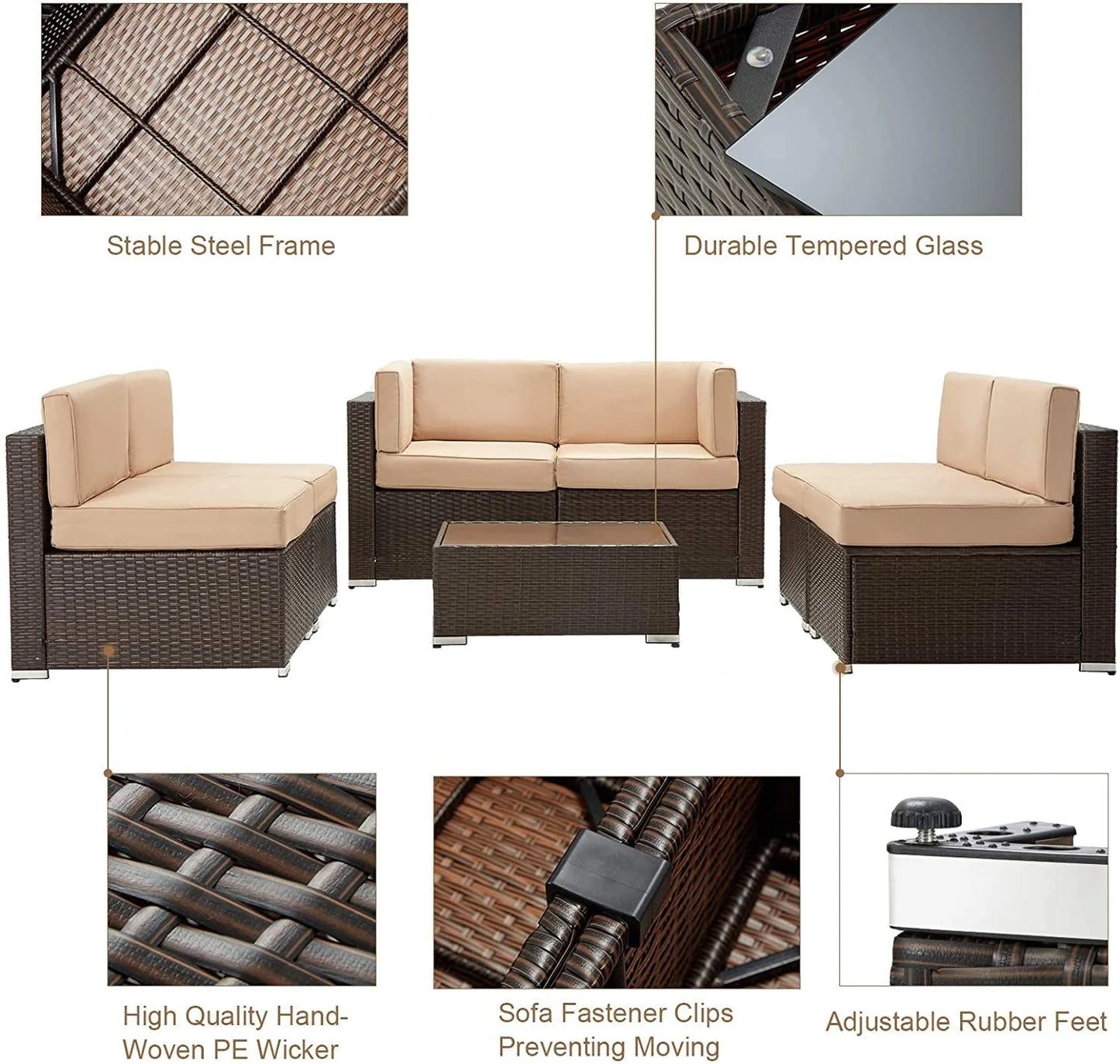 Danrelax 7-Piece Outdoor Sectional Sofa Patio Conversation Set, PE Rattan Wicker Furniture, Steel Frame, Brown