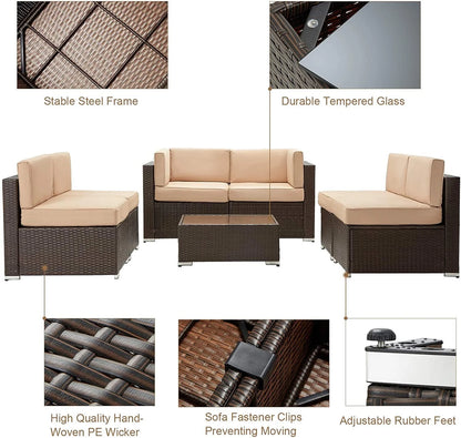 Danrelax 7-Piece Outdoor Sectional Sofa Patio Conversation Set, PE Rattan Wicker Furniture, Steel Frame, Brown