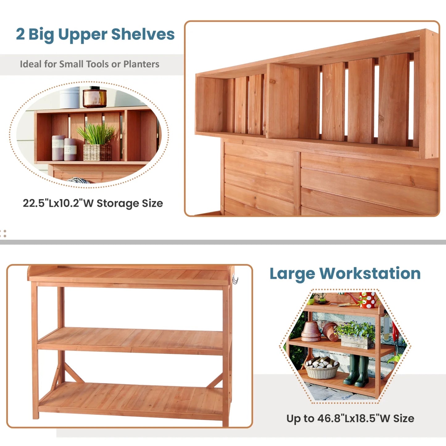 65" Large Outdoor Potting Bench Table, Wooden Farmhouse Rustic Patio Workstation with 4 Storage Shelves and Side Hook, Garden Potting Bench Station, Natural