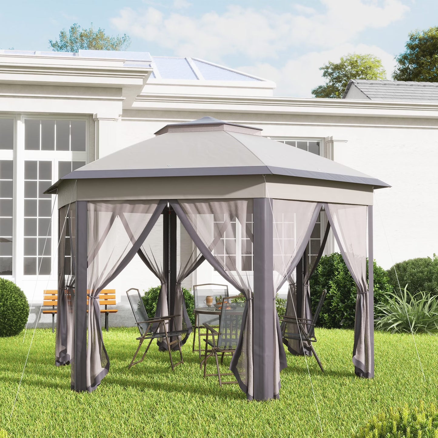 Outsunny 13' x 13' Pop Up Gazebo Hexagonal Canopy with 6 Zippered Mesh Netting, 2-Tier Roof Event Tent with Steel Frame for Patio Backyard, Gray