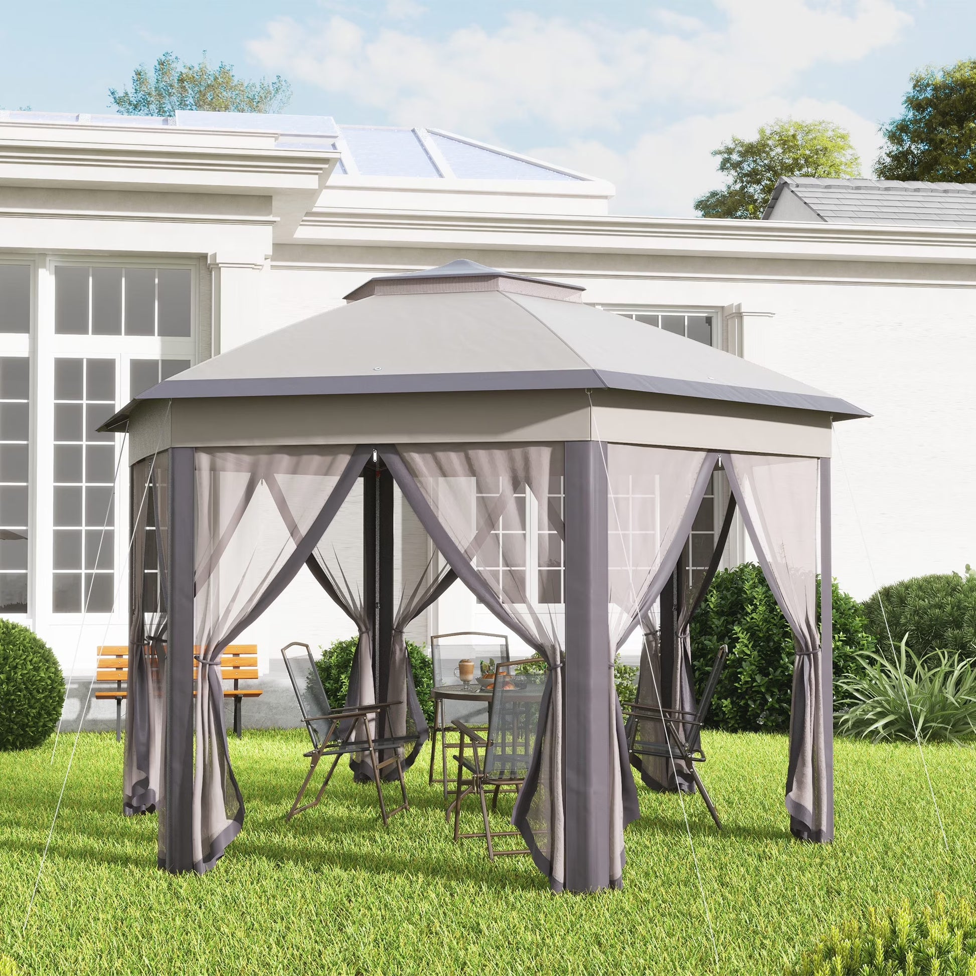 Outsunny 13' x 13' Pop Up Gazebo Hexagonal Canopy with 6 Zippered Mesh Netting, 2-Tier Roof Event Tent with Steel Frame for Patio Backyard, Gray