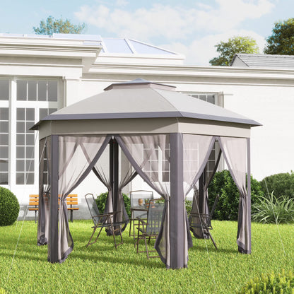 Outsunny 13' x 13' Pop Up Gazebo Hexagonal Canopy with 6 Zippered Mesh Netting, 2-Tier Roof Event Tent with Steel Frame for Patio Backyard, Gray