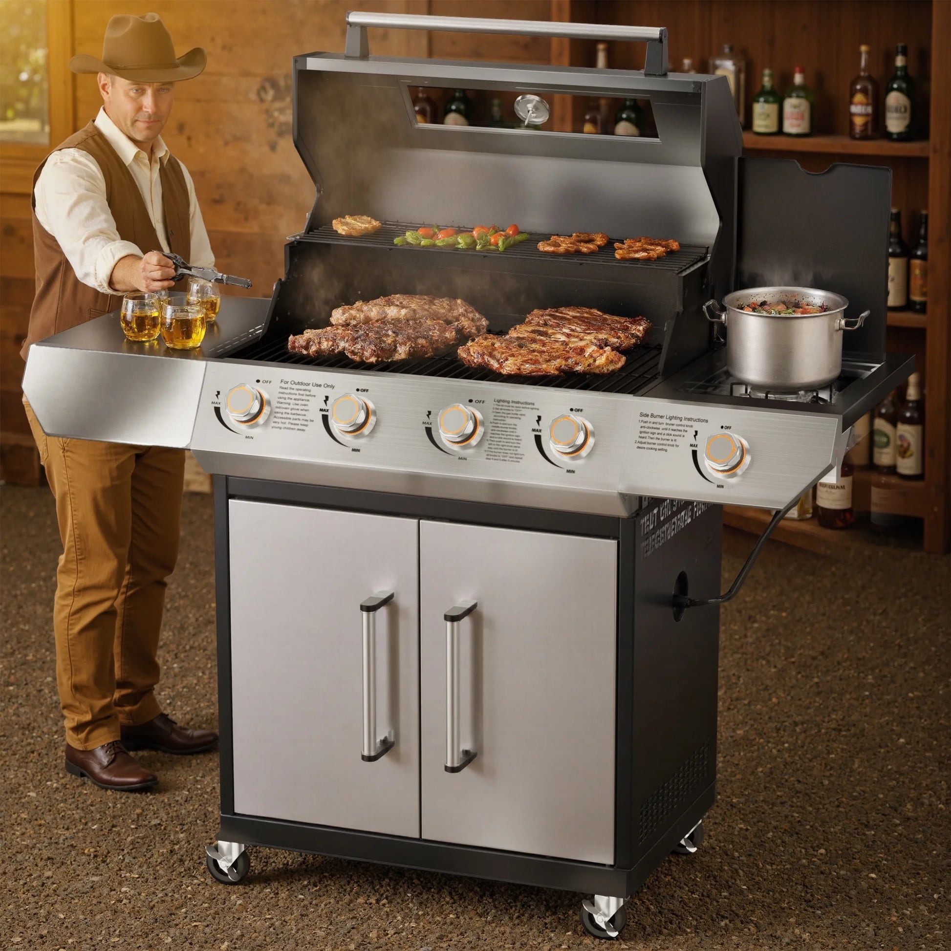 SKOK 4 Burner Propane Gas BBQ Grill with Side Burner, 58000 BTU Output for Outdoor Cooking Kitchen and Patio Backyard Barbecue