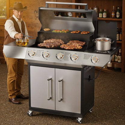 SKOK 4 Burner Propane Gas BBQ Grill with Side Burner, 58000 BTU Output for Outdoor Cooking Kitchen and Patio Backyard Barbecue