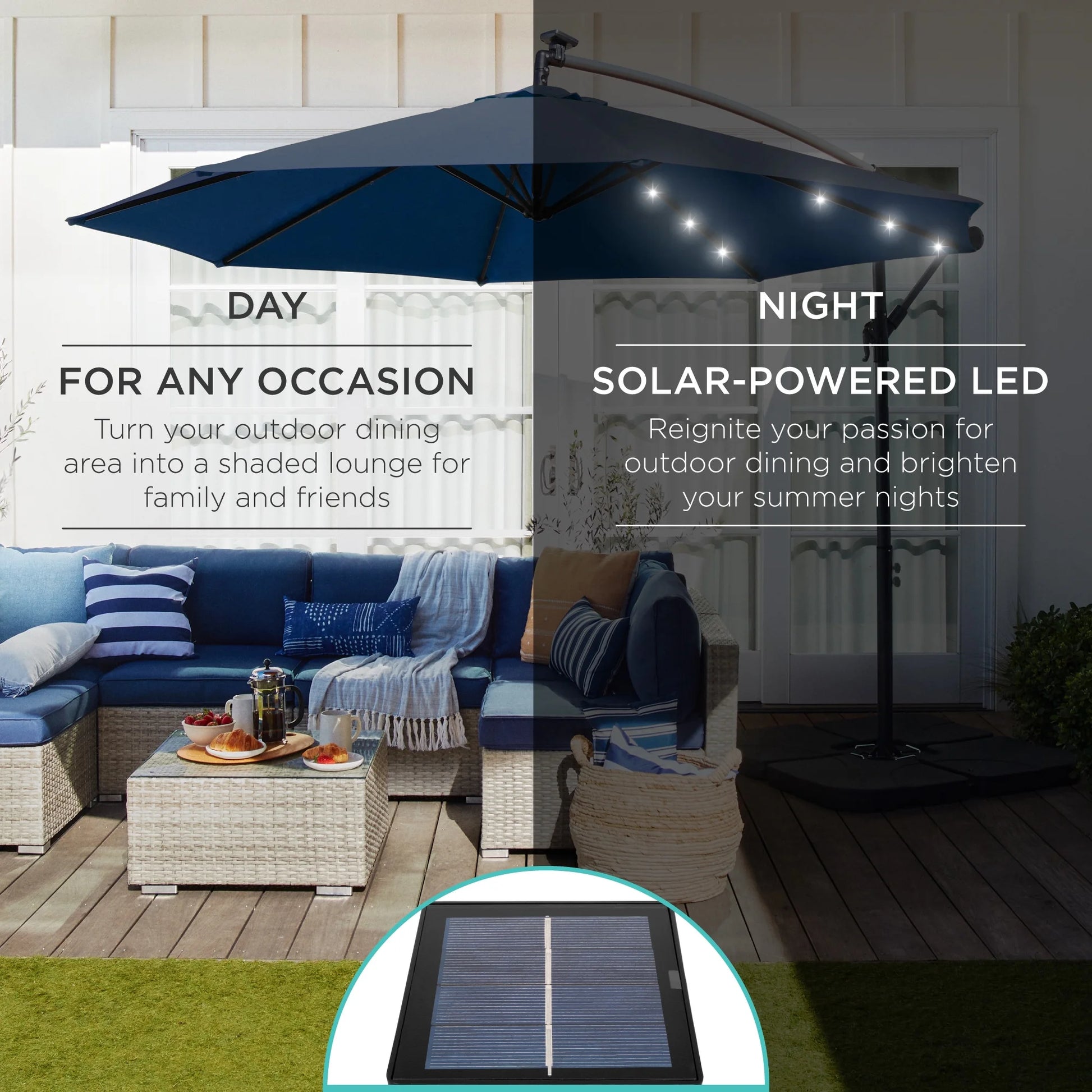 Best Choice Products 10ft Solar LED Offset Hanging Outdoor Market Patio Umbrella w/Adjustable Tilt - Navy Blue