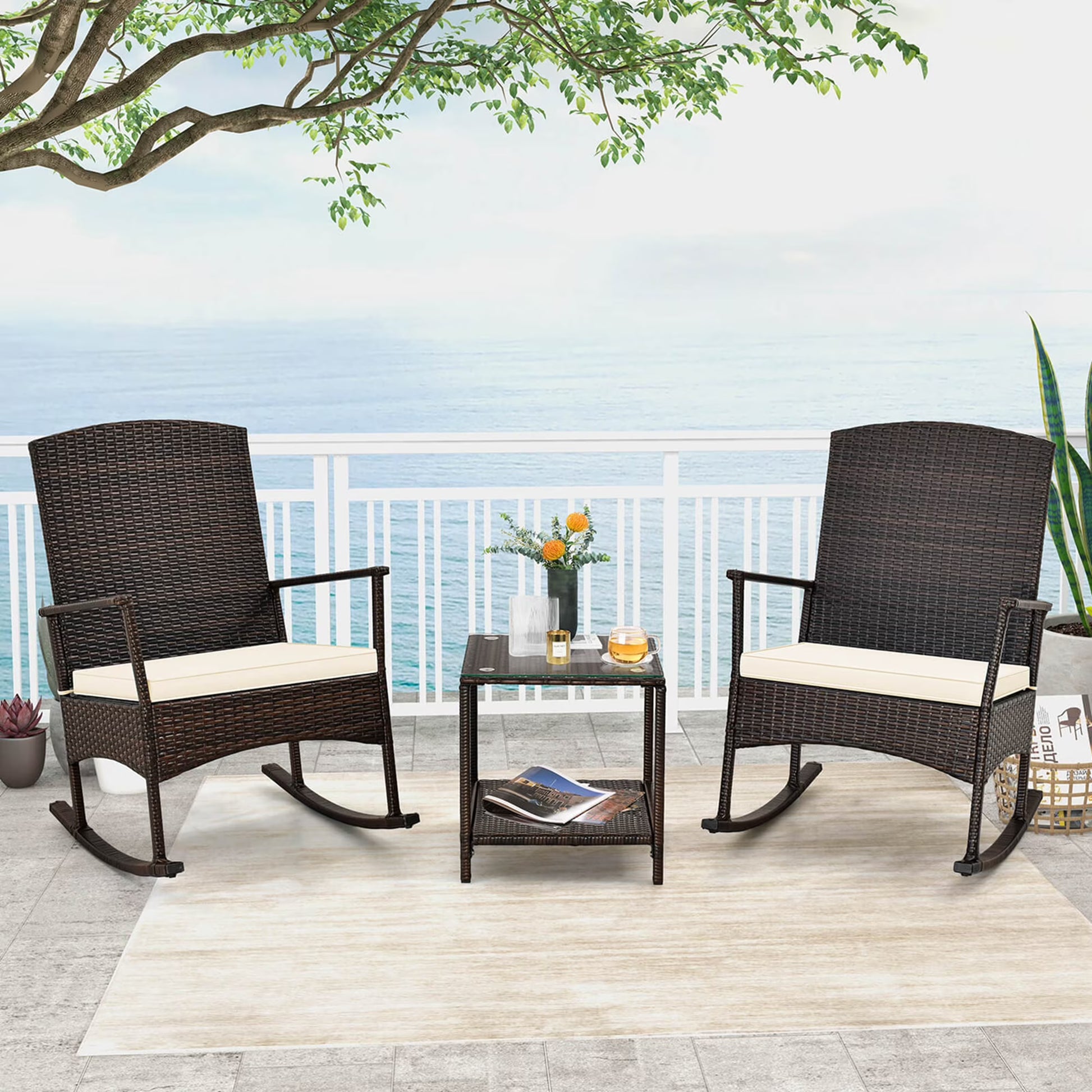 Costway Serenity 3 Piece Patio Rocking Wicker Rockers with White Cushions 2 Tier Coffee Table