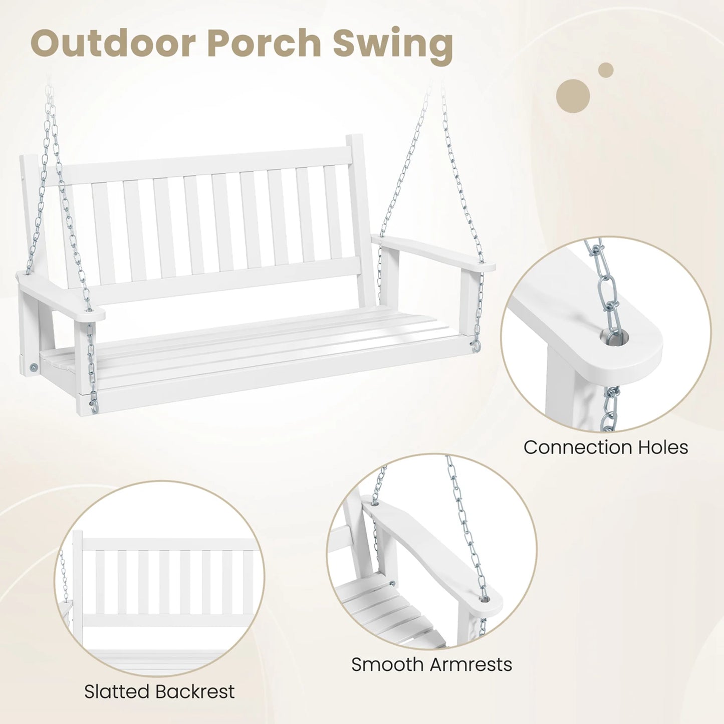 Costway 3-Person Wooden Outdoor Porch Swing Heavy Duty Patio Hanging Bench Chair White