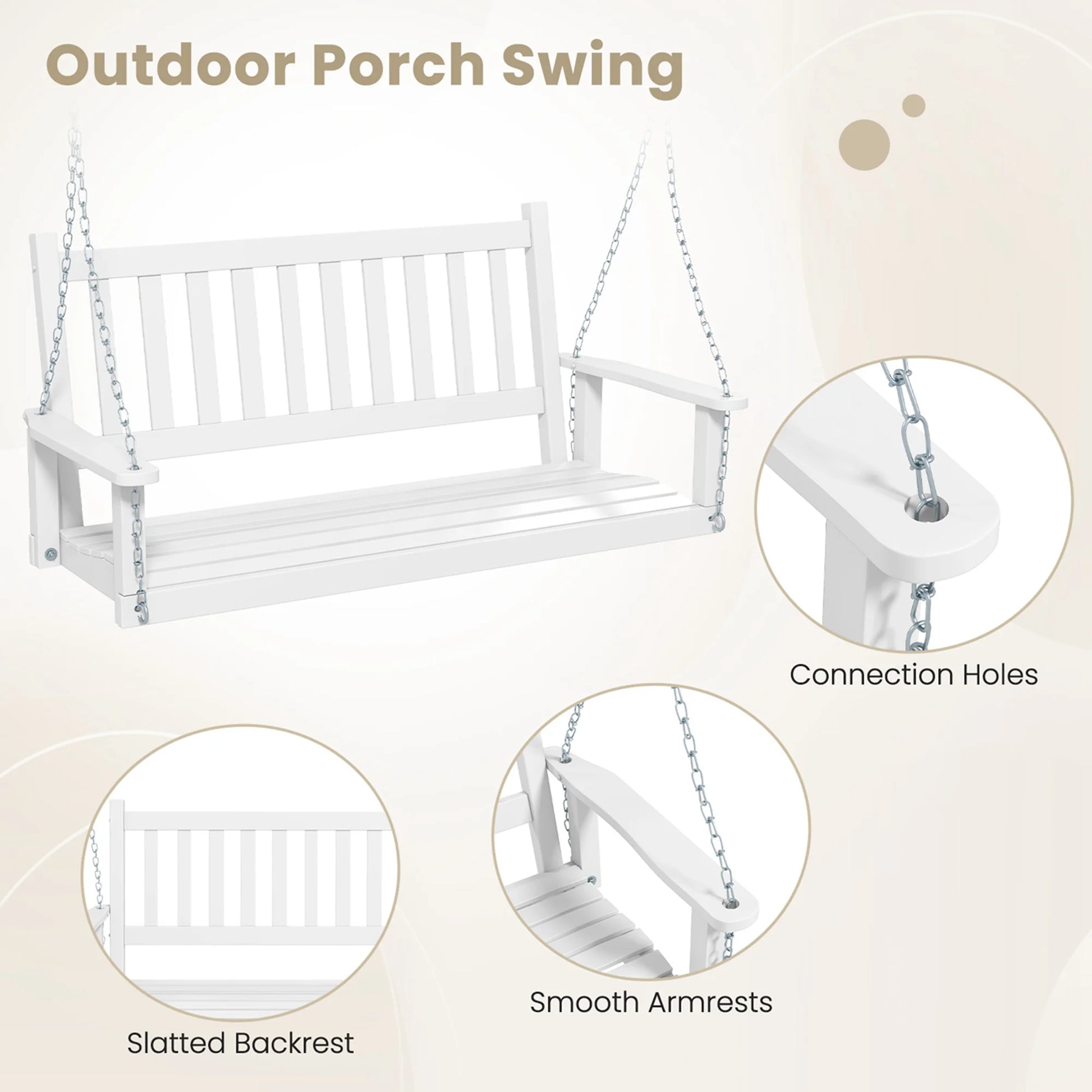 Costway 3-Person Wooden Outdoor Porch Swing Heavy Duty Patio Hanging Bench Chair White