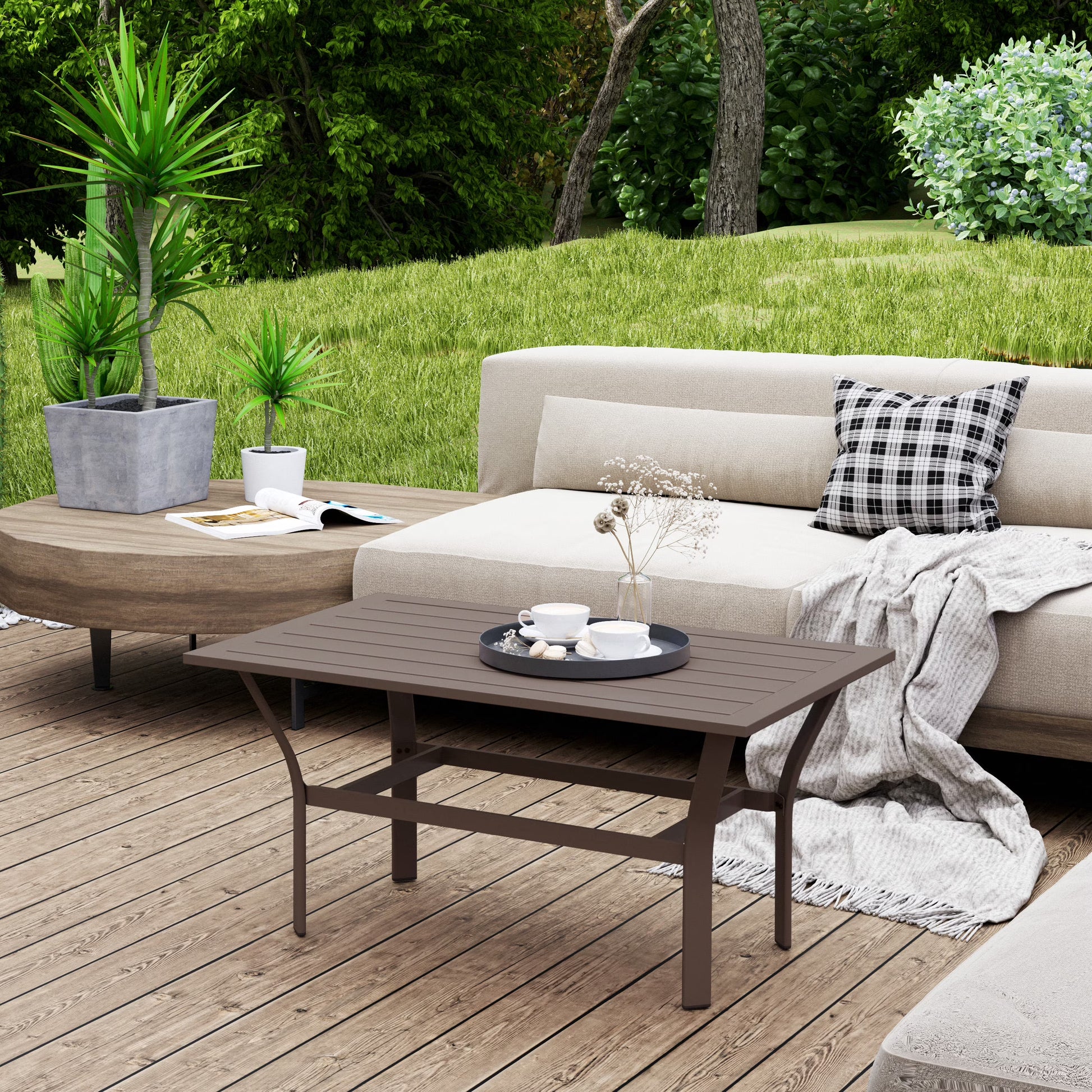 Outsunny Outdoor Coffee Table, All-Weather Rectangle Patio Coffee Table with Slatted Tabletop for Outside, Patio, Brown