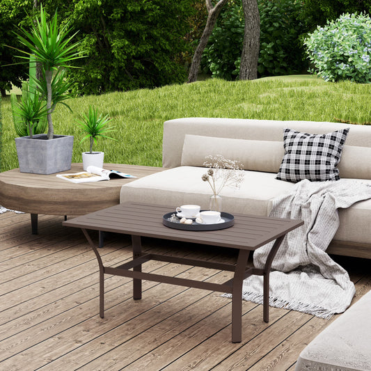 Outsunny Outdoor Coffee Table, All-Weather Rectangle Patio Coffee Table with Slatted Tabletop for Outside, Patio, Brown