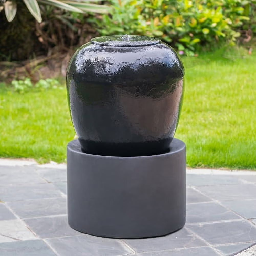 Heavy Outdoor Cement Fountain Black, Cute Unique Urn Design Water feature For Home Garden, Lawn, Deck & Patio 19.5x19.5x32.5"