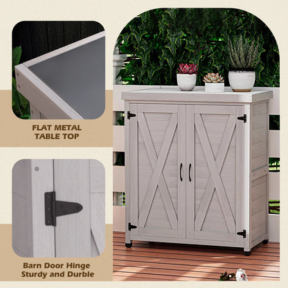 Tcbosik Outdoor Storage Cabinet & Potting Bench Table, Wooden Patio Furniture with Metal Top, Garden Workstation for Backyard, Lawn, Deck, Balcony, Gray