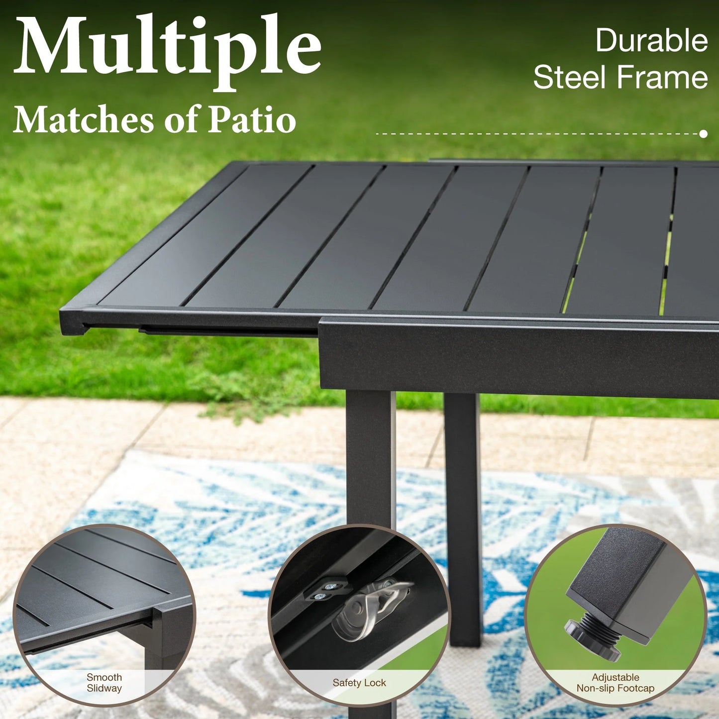 Summit Living 9-Piece Outdoor Dining Set with 8 Cushioned Patio Rattan Chairs and Large Extendable Table, Black and Beige
