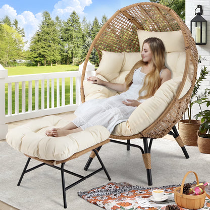 RADIATA 440 lbs Outdoor Egg Chair with Foot Rest & Ottoman, Wicker Patio Egg Chair for Indoor or Garden,Beige