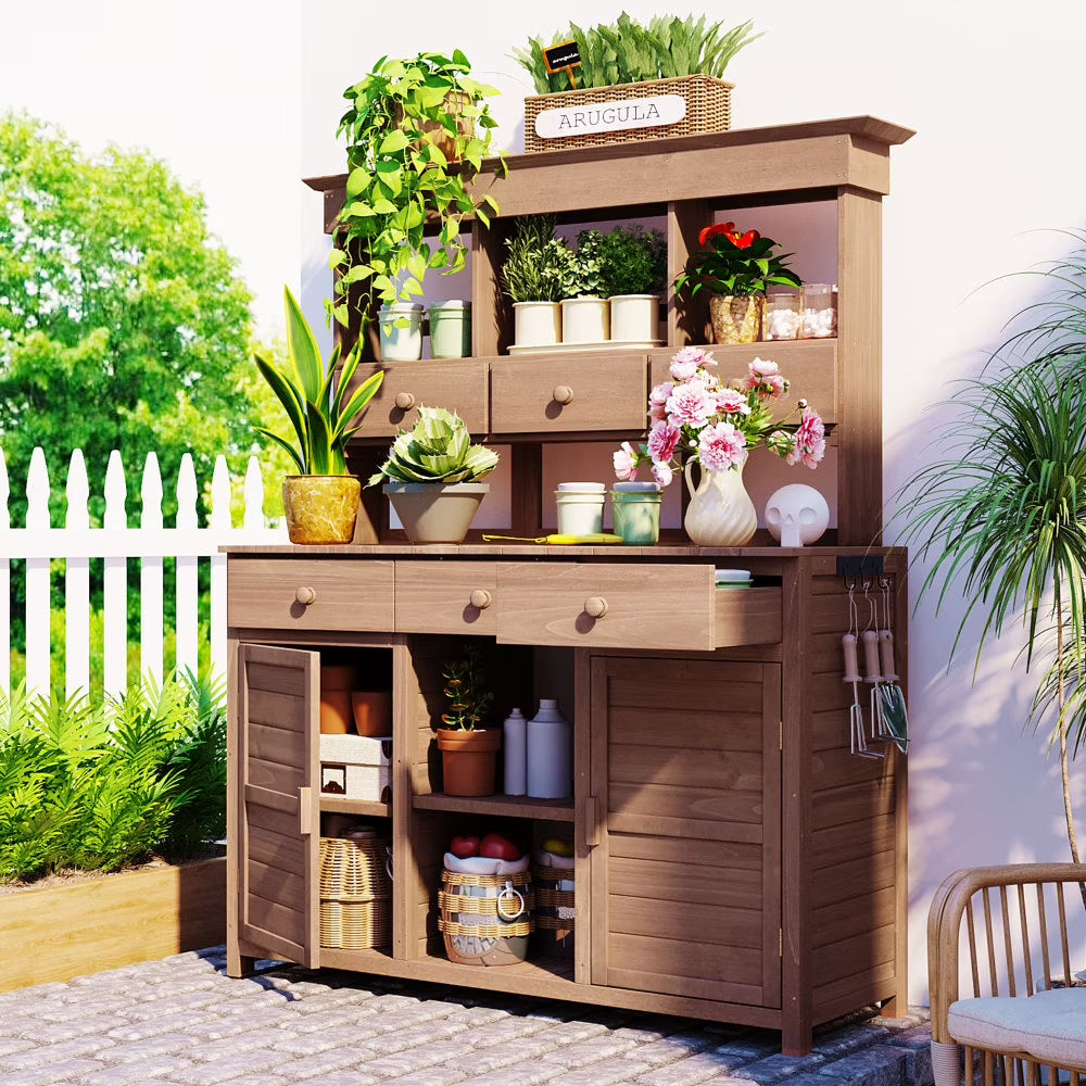 Rustic 65.7'' Tall Garden Potting Bench Table with Hutch, 3 Shelves, 6 Drawers, 2 Cabinets & 3 Side Hooks for Mudroom, Patio, 3 Color
