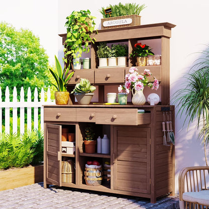 Rustic 65.7'' Tall Garden Potting Bench Table with Hutch, 3 Shelves, 6 Drawers, 2 Cabinets & 3 Side Hooks for Mudroom, Patio, 3 Color