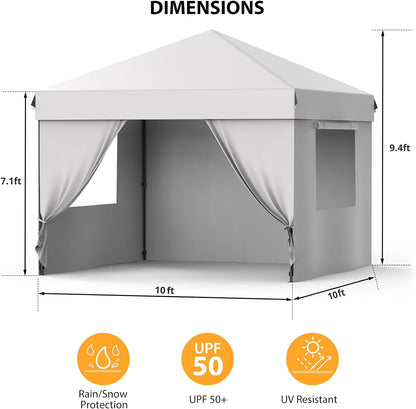 Pinypikaka 10x10 Ft Pop up Canopy Tent with 210D Oxford Fabric, Instant Portable Shelter with 4Pcs Sidewalls 4 Sandbags for Patio Outdoor Activities