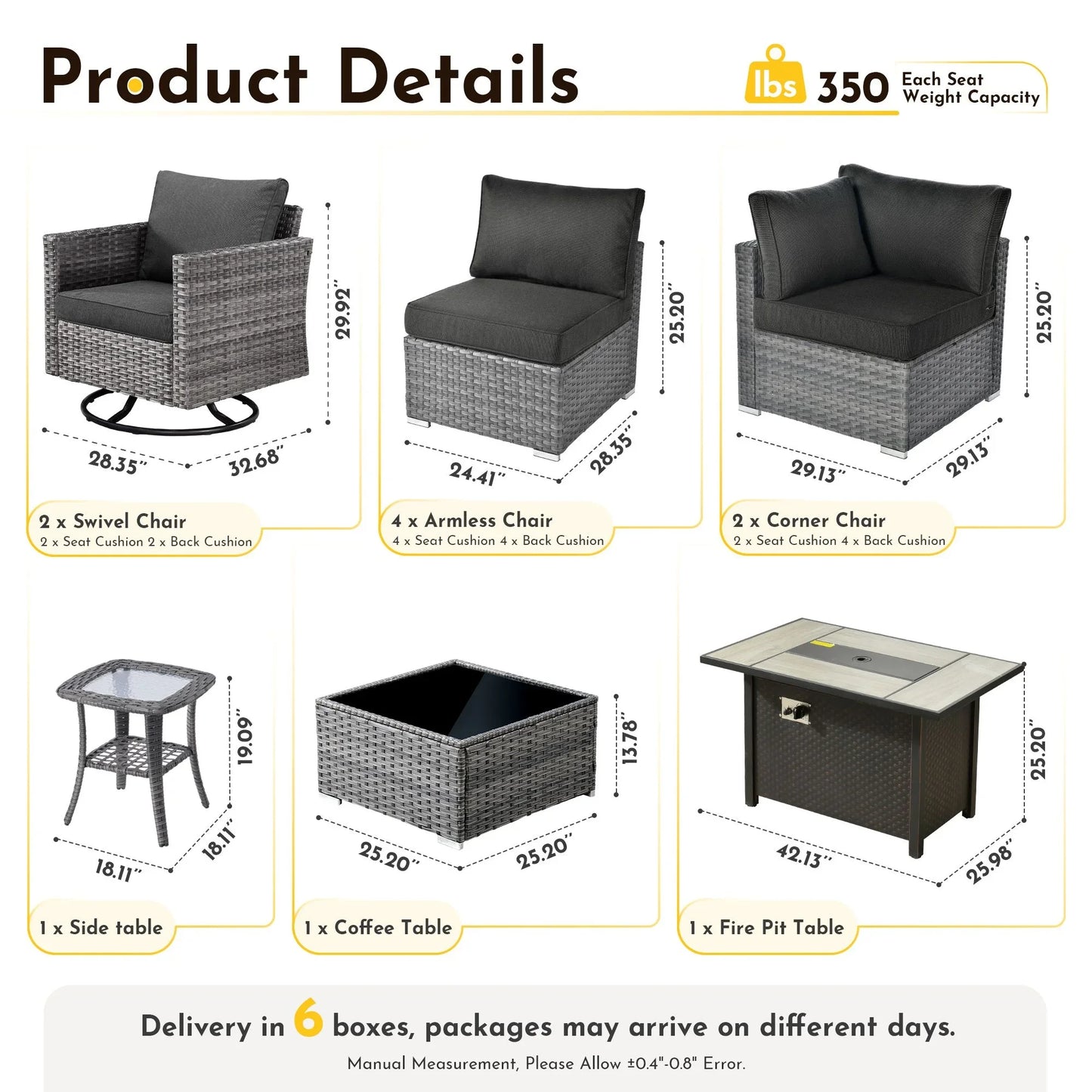 Vcatnet 11 Pieces Outdoor Patio Furniture Sets with Fire Pit Sectional Sofa All Weather Wicker Conversation Set with Swivel Glider Chairs, Black