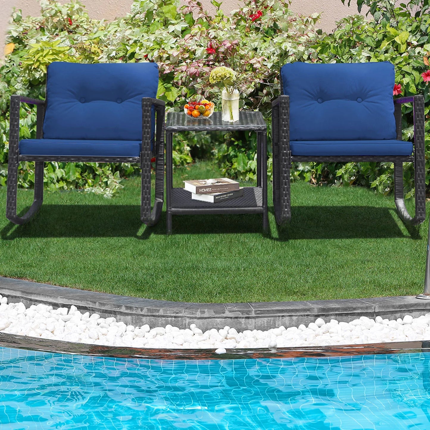 Gymax 3PCS Rattan Rocking Chair Table Set Patio Furniture Set w/Navy Cushions