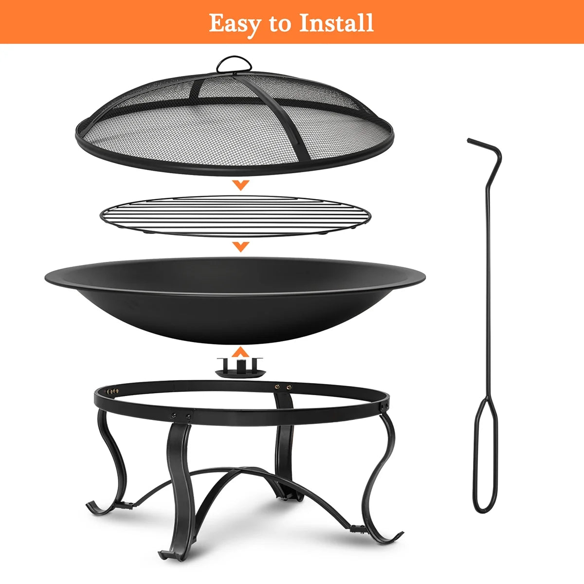 SinglyFire 30 inch Fire Pits for Outside Firepit Outdoor Wood Burning Bonfire Pit Steel Firepit Bowl for Patio Backyard Camping, with Ash Plate, Spark Screen, Log Grate, Poker