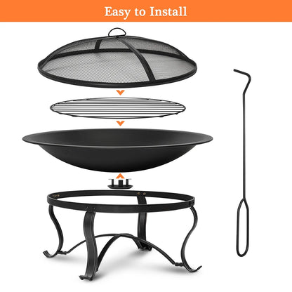 SinglyFire 30 inch Fire Pits for Outside Firepit Outdoor Wood Burning Bonfire Pit Steel Firepit Bowl for Patio Backyard Camping, with Ash Plate, Spark Screen, Log Grate, Poker