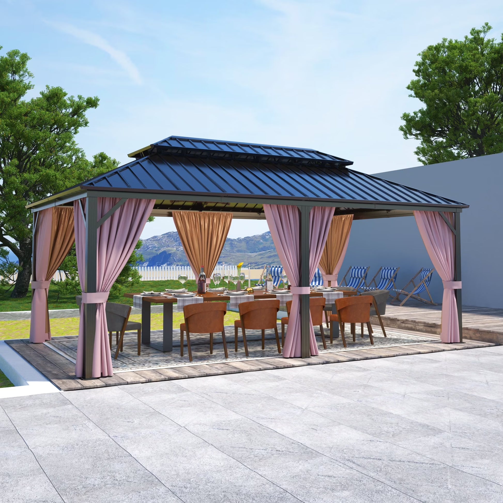 EAGLE PEAK 12x14 Outdoor Patio Hardtop Gazebo with Galvanized Steel Double Roof, Netting & Curtains