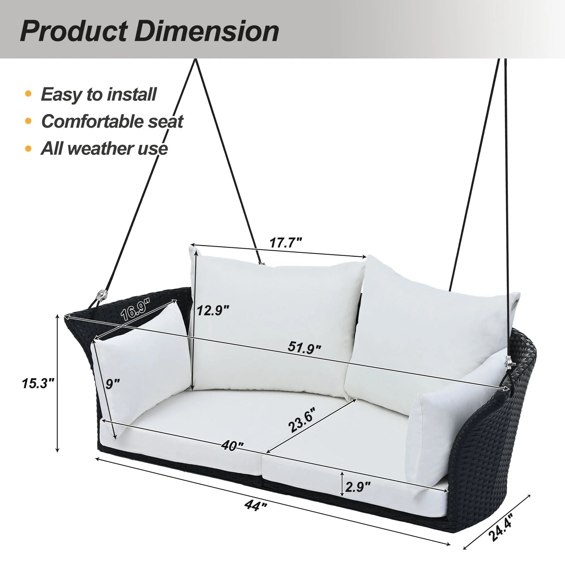 51.9" 2 Seat Patio Swing Chair, Rattan Woven Porch Swing with Adjustable Ropes, Cushion and Pillow, Wicker Outdoor Hanging Bench for Garden Yard, 500LBS Weight Capacity, Black and White