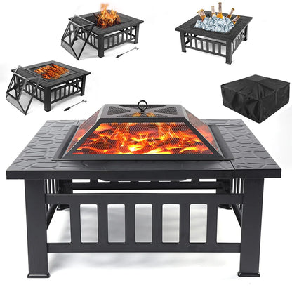 Wood Burning Fire Pits for Outside, 32" Square Iron Fire Pit Backyard Patio Garden Stove Wood Burning Fire Pit w/BBQ Net, Waterprrof Cover, Mesh Screen Lid, Wood Grate, Poker, Durable Fire Pit