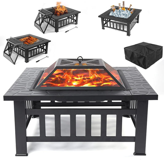 Wood Burning Fire Pits for Outside, 32" Square Iron Fire Pit Backyard Patio Garden Stove Wood Burning Fire Pit w/BBQ Net, Waterprrof Cover, Mesh Screen Lid, Wood Grate, Poker, Durable Fire Pit