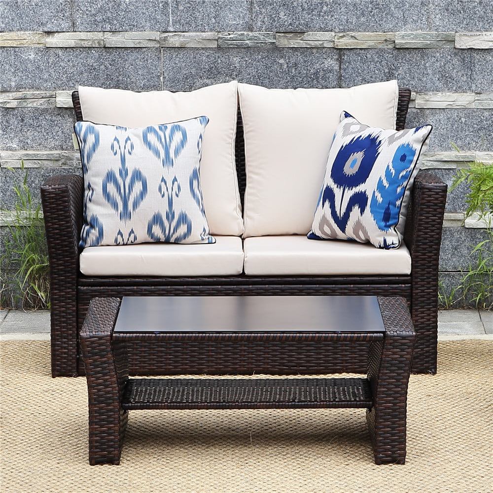 Superjoe Outdoor Patio Furniture Set 4 Pcs Wicker Sectional Conversation Sofa Steel Frame Rattan Couch with Coffee Table on Sale, Brown Rattan Beige Cushion