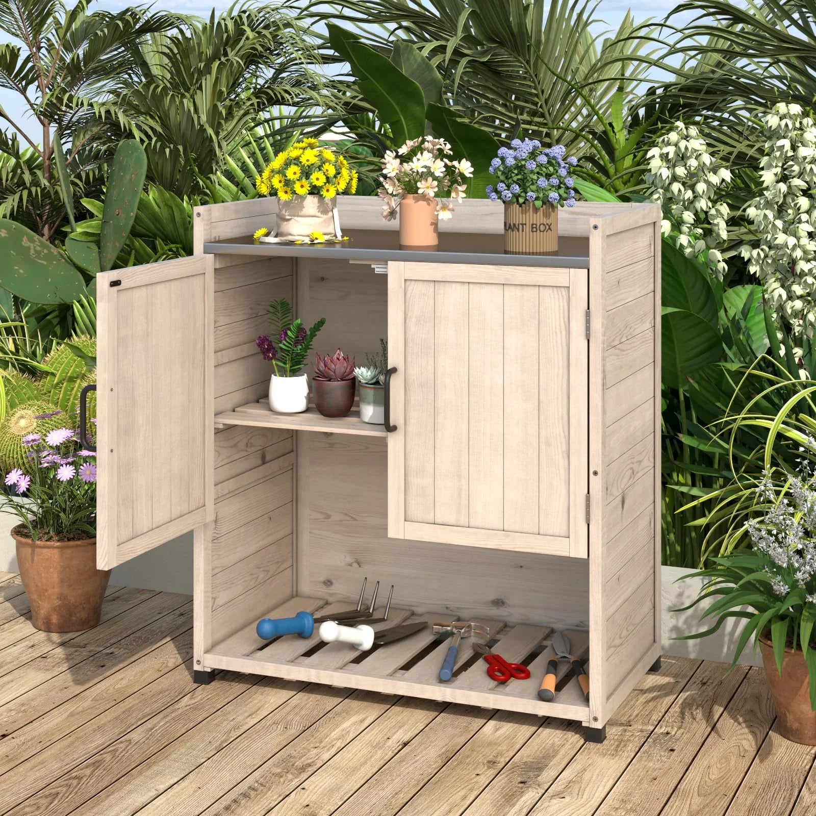 YODOLLA Potting Bench, Wooden Outdoor Storage Cabinet with Adjustable Shelf, Patio Storage with Metal Tabletop, Potting Table for Garden, Patio and Lawns, Gray