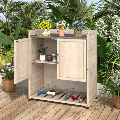 YODOLLA Potting Bench, Wooden Outdoor Storage Cabinet with Adjustable Shelf, Patio Storage with Metal Tabletop, Potting Table for Garden, Patio and Lawns, Gray