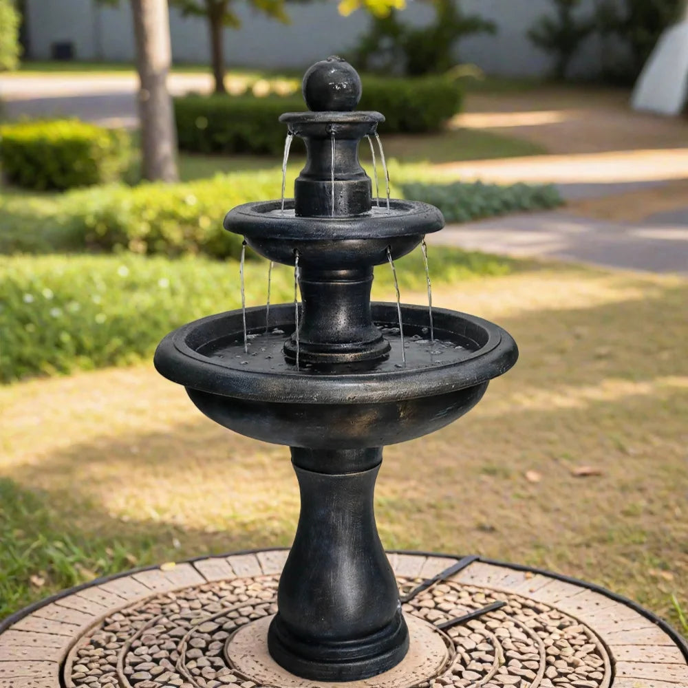 3-Tiers Modern Concrete Outdoor/Indoors Floor Fountain - Round Large Outdoor Freestanding Waterfalls Fountains for Garden, Patio, Yard, and Deck Decor