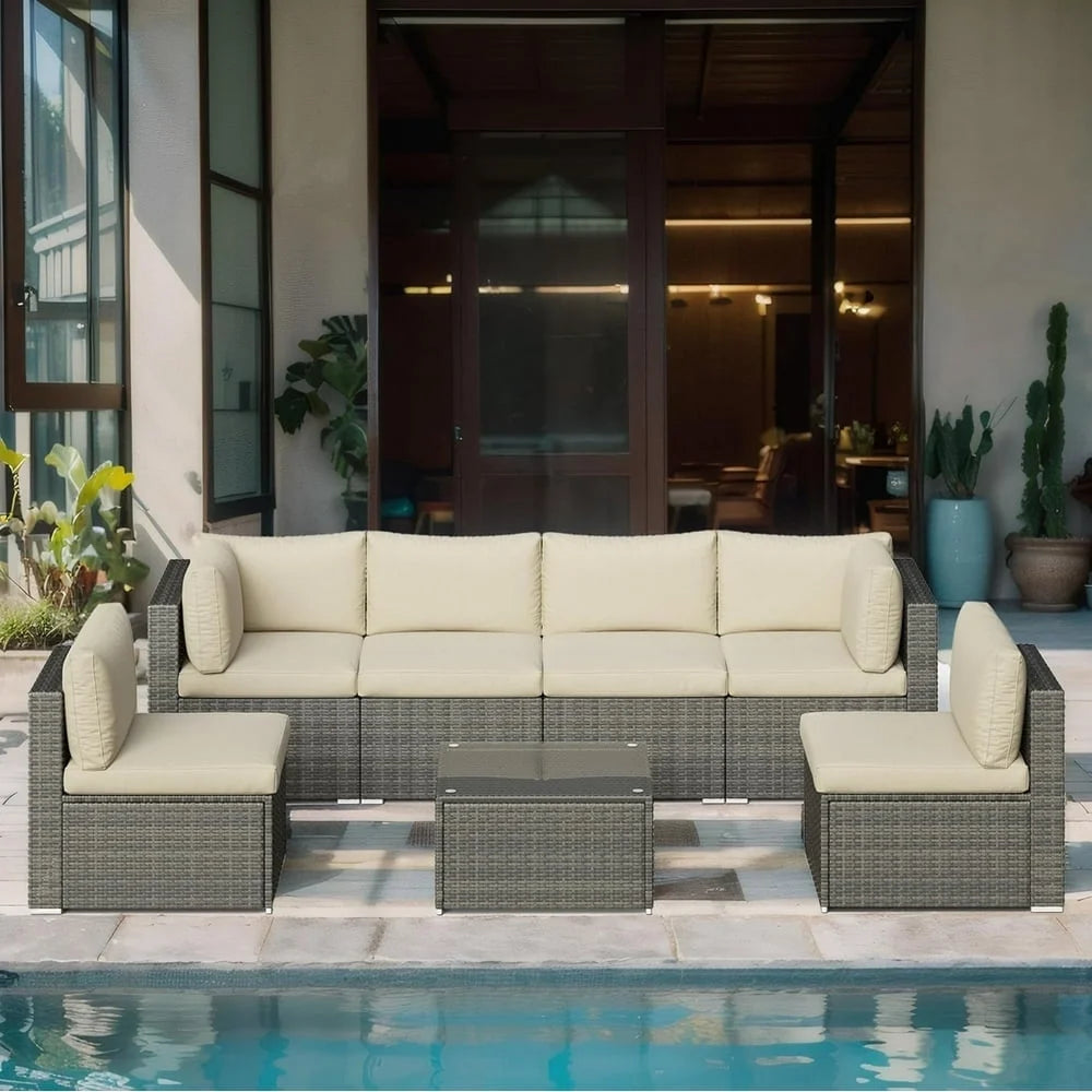 SUNVIVI 7 Pieces Patio Furniture Sets, All-Weather PE Grey Wicker Outdoor Rattan Sectional Sofa, Patio Sofa Couch with Table and Beige Cushions