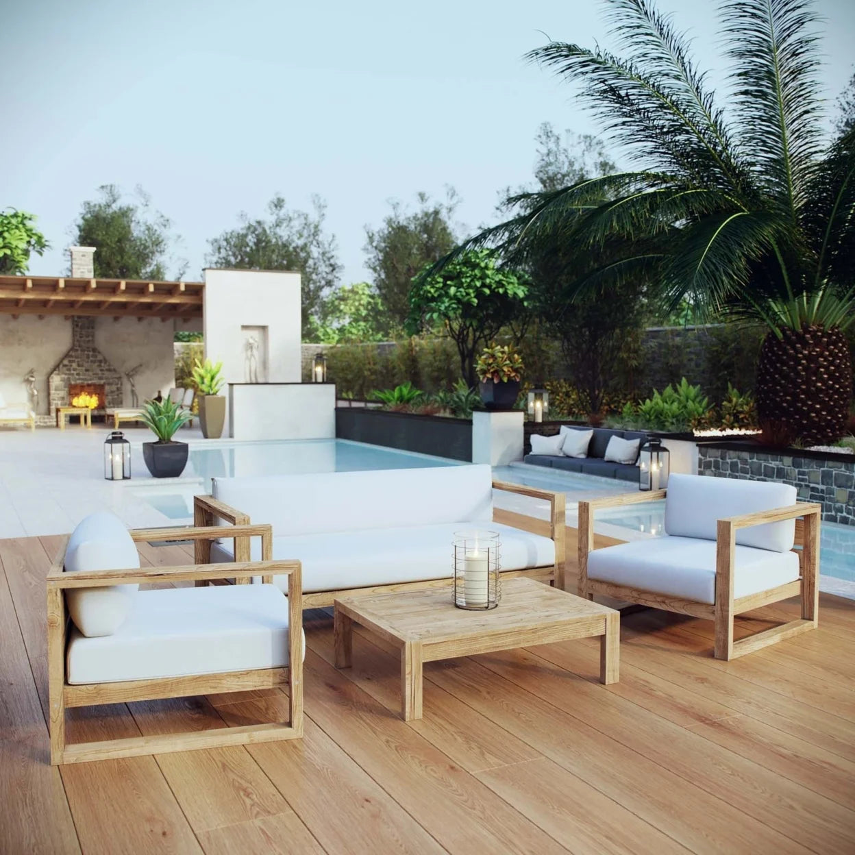 Modway Upland 4-Piece Wood Patio Sofa Set in Natural and White