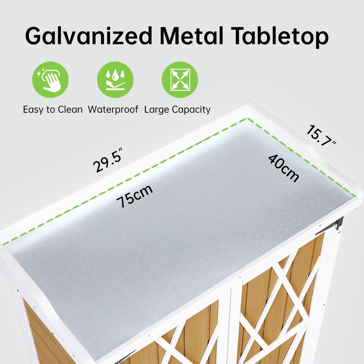 Garvee Potting Bench Table with Galvanized Metal Tabletop, Weatherproof Outdoor Storage Cabinet with Adjustable Shelves, Wood Gardening Table Workstation for Yard Patio Lawn, White+Natural