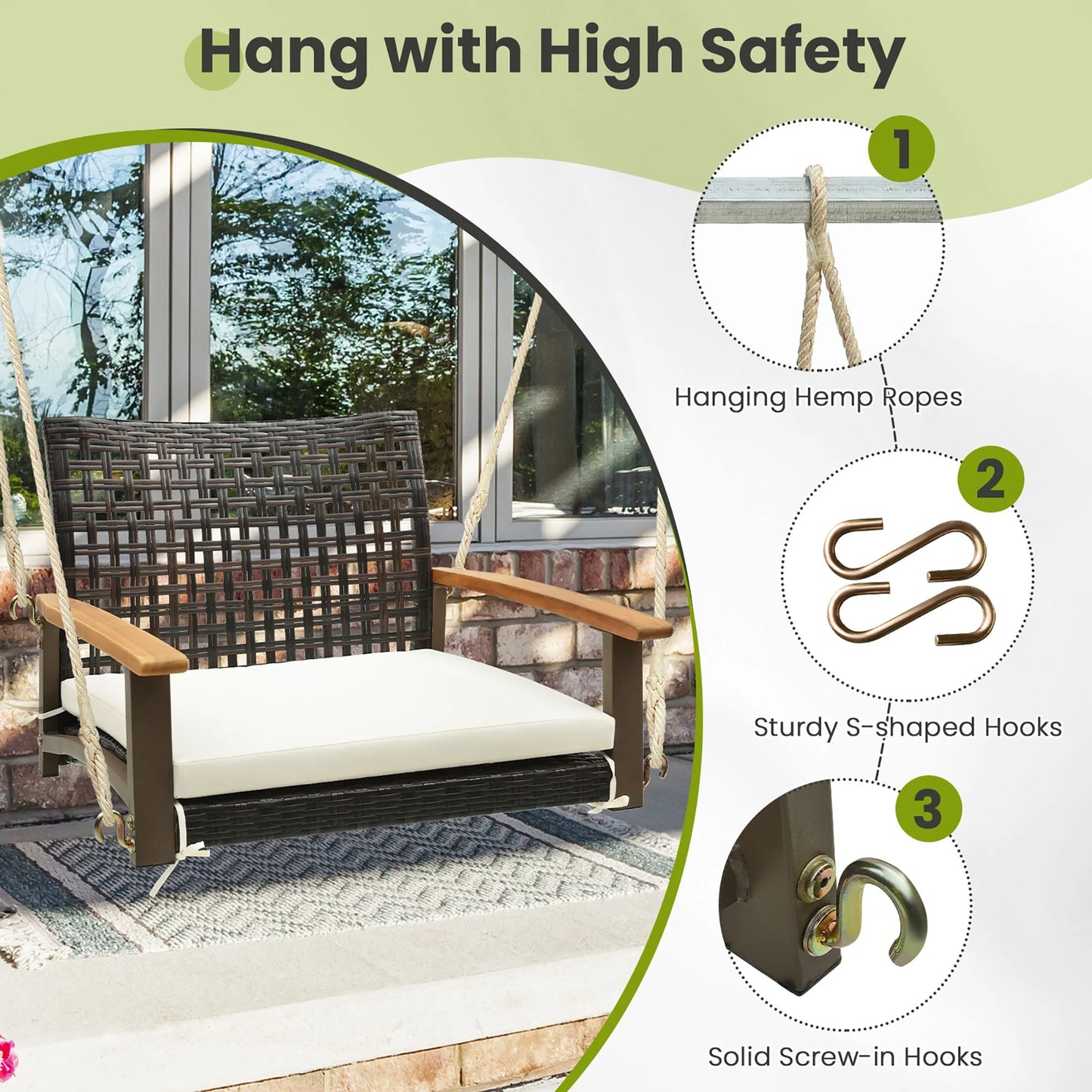 Gymax Rattan Porch Swing Patio Wicker Single Hanging Seat w/Seat Cushion & Acacia Wood Armrests