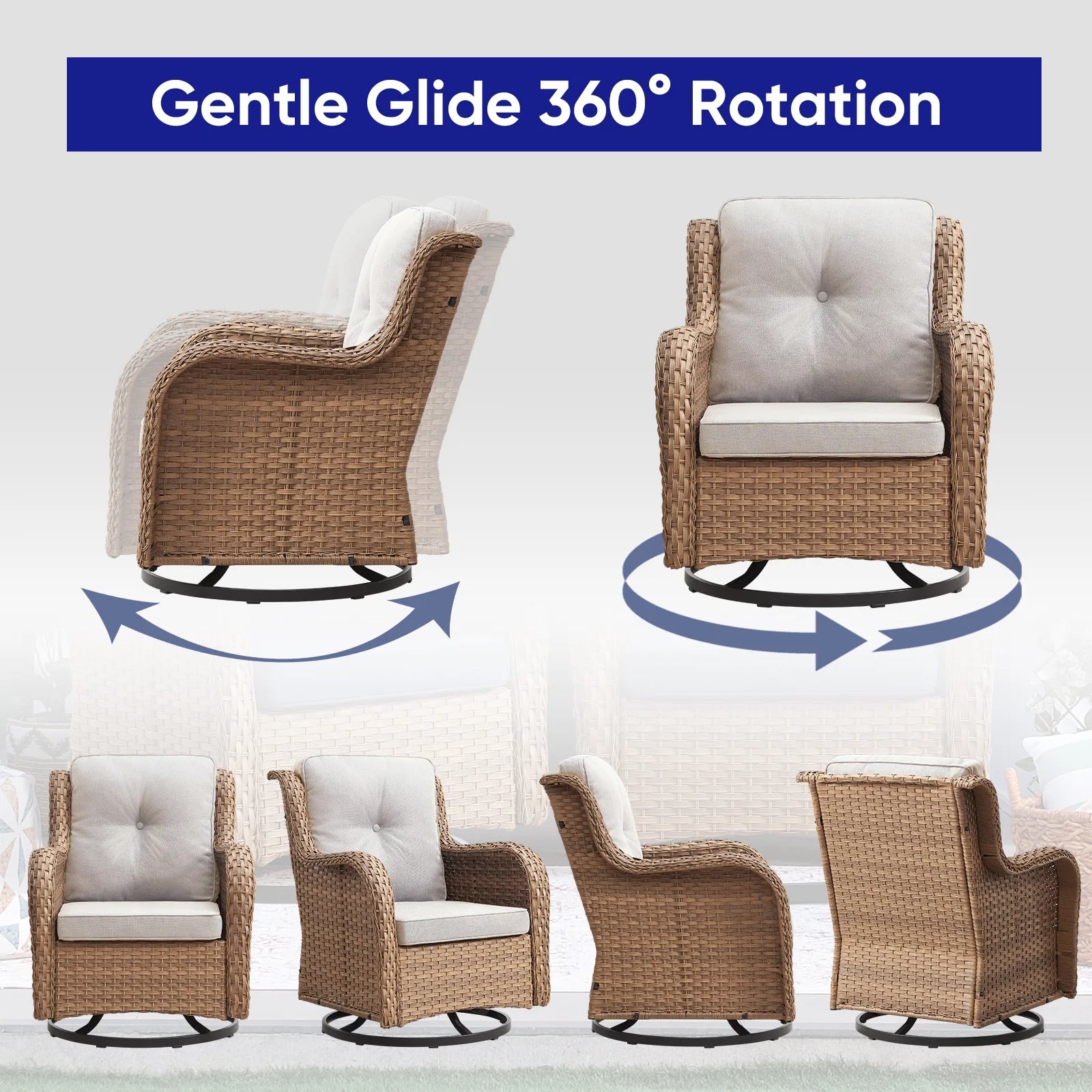 POCASSY 3 Piece Patio Set Outdoor Wicker Glider Rocking and Swivel Chairs with Cushions
