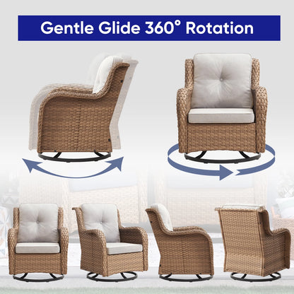 POCASSY 3 Piece Patio Set Outdoor Wicker Glider Rocking and Swivel Chairs with Cushions