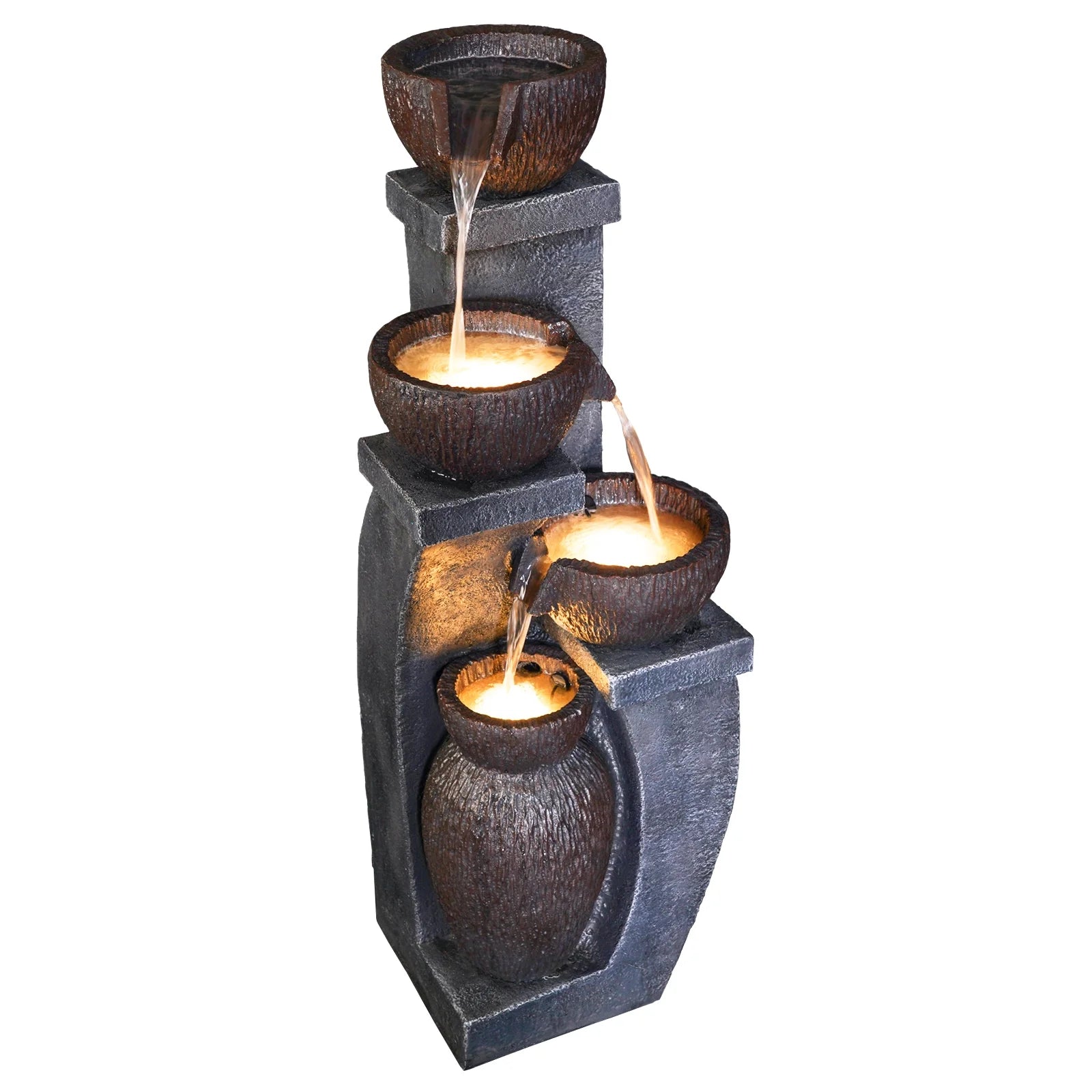 Outdoor Water Garden Fountain 37.40° F Waterfall Small Fountains Cascading Bowl and Jar Water Feature with LED Light for Backyard Patio Porch and Home Art Decor