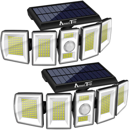 Solar Lights Outdoor AmeriTop 300 LED 7000K Motion Sensor Lights Cordless; 5 Adjustable Heads, 360° Wide Angle Illumination, IP65 Waterproof, Security LED Flood Light for Patio Yard Garden 2 Pack