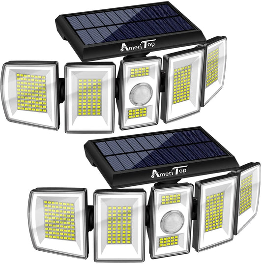 Solar Lights Outdoor AmeriTop 300 LED 7000K Motion Sensor Lights Cordless; 5 Adjustable Heads, 360° Wide Angle Illumination, IP65 Waterproof, Security LED Flood Light for Patio Yard Garden 2 Pack