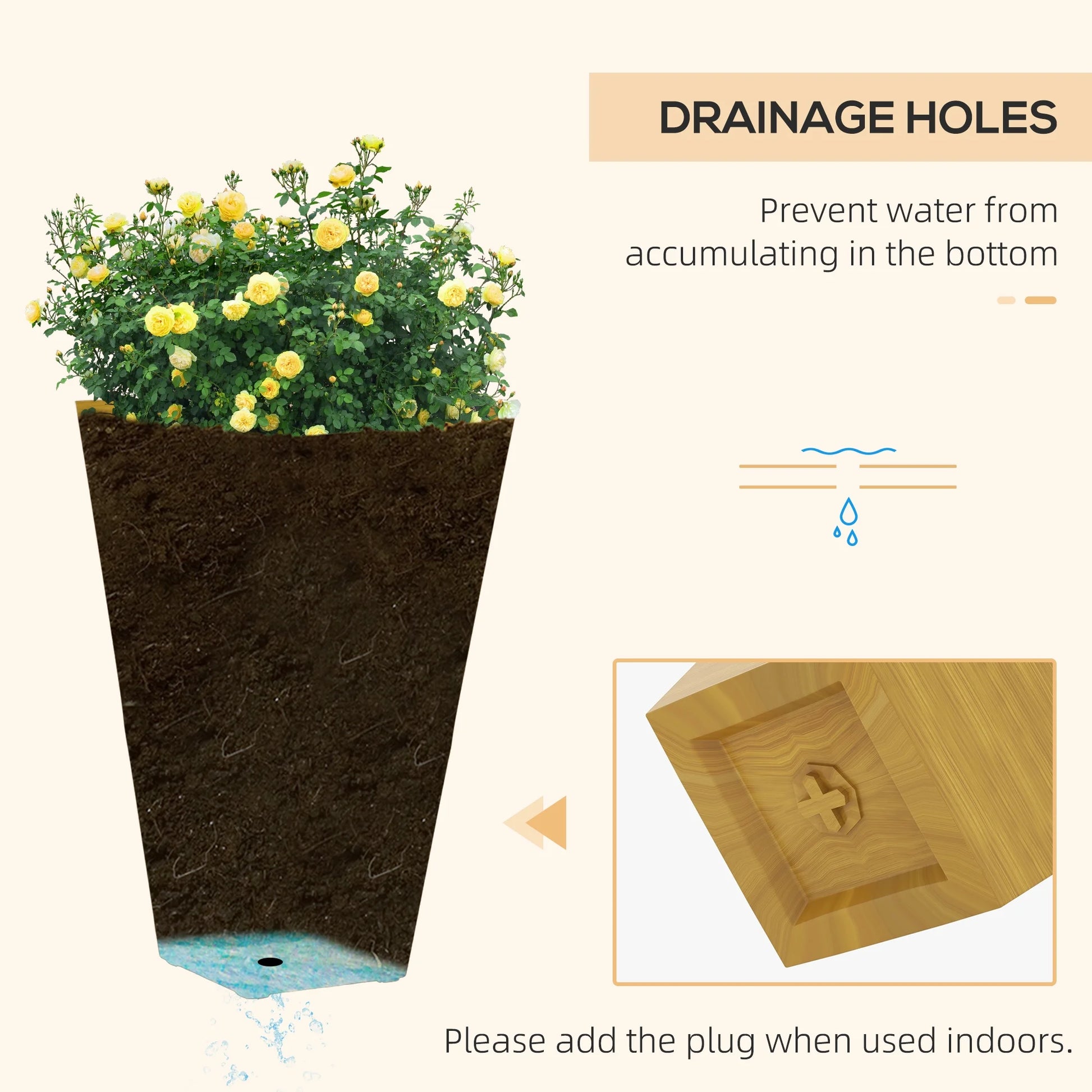 DUOSONG Outsunny 28" Tall Outdoor Planters, Set Of 3 Large Taper Planters With Drainage Holes And Plug, Faux Wood Plastic Flower Pots For Outdoor, Indoor, Garden, Patio, Tan Brown Polypropylene