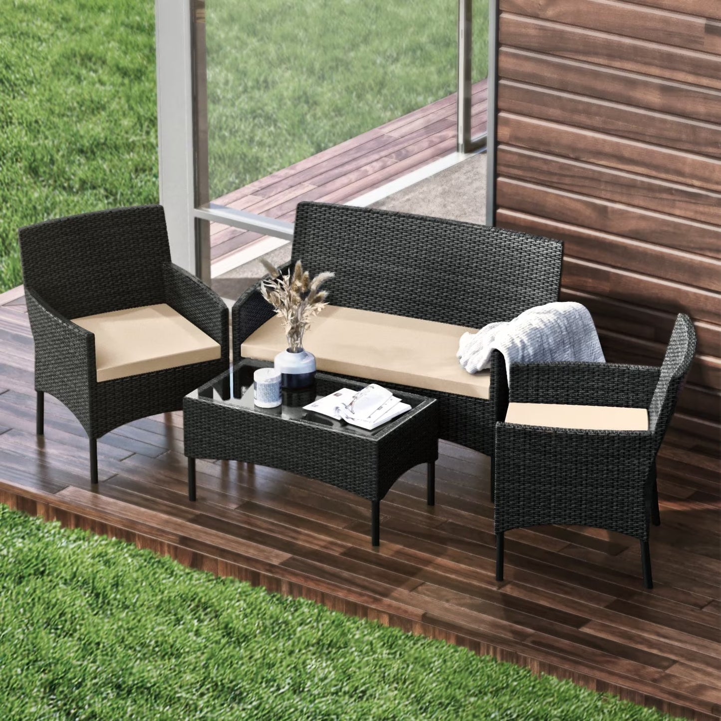 Hearth & Harbor Outdoor Furniture Set, 4 Piece Wicker Patio Chairs Set, Brown with Navy Cushions