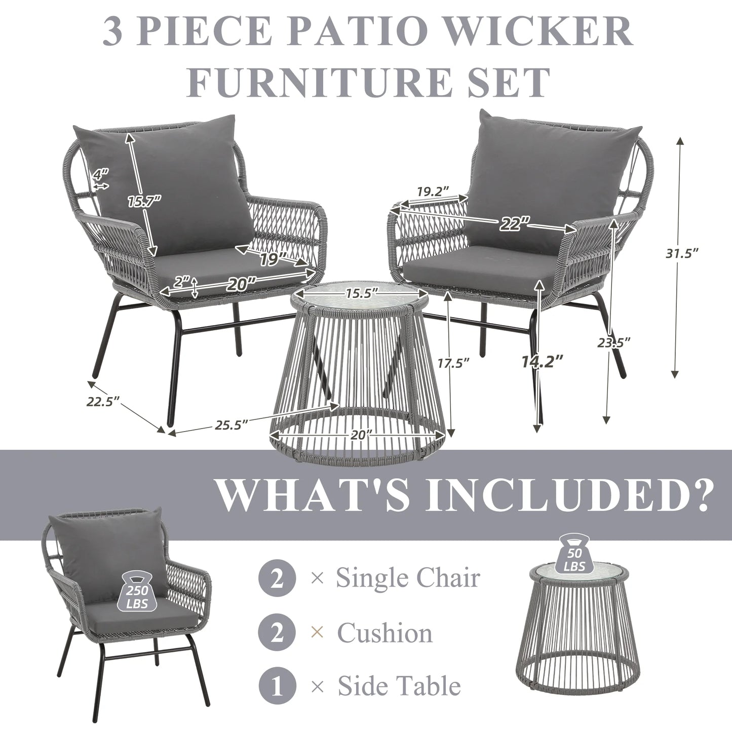 Bezseller 3-Piece Outdoor Wicker Furniture Set, Patio Conversation Set, Gray