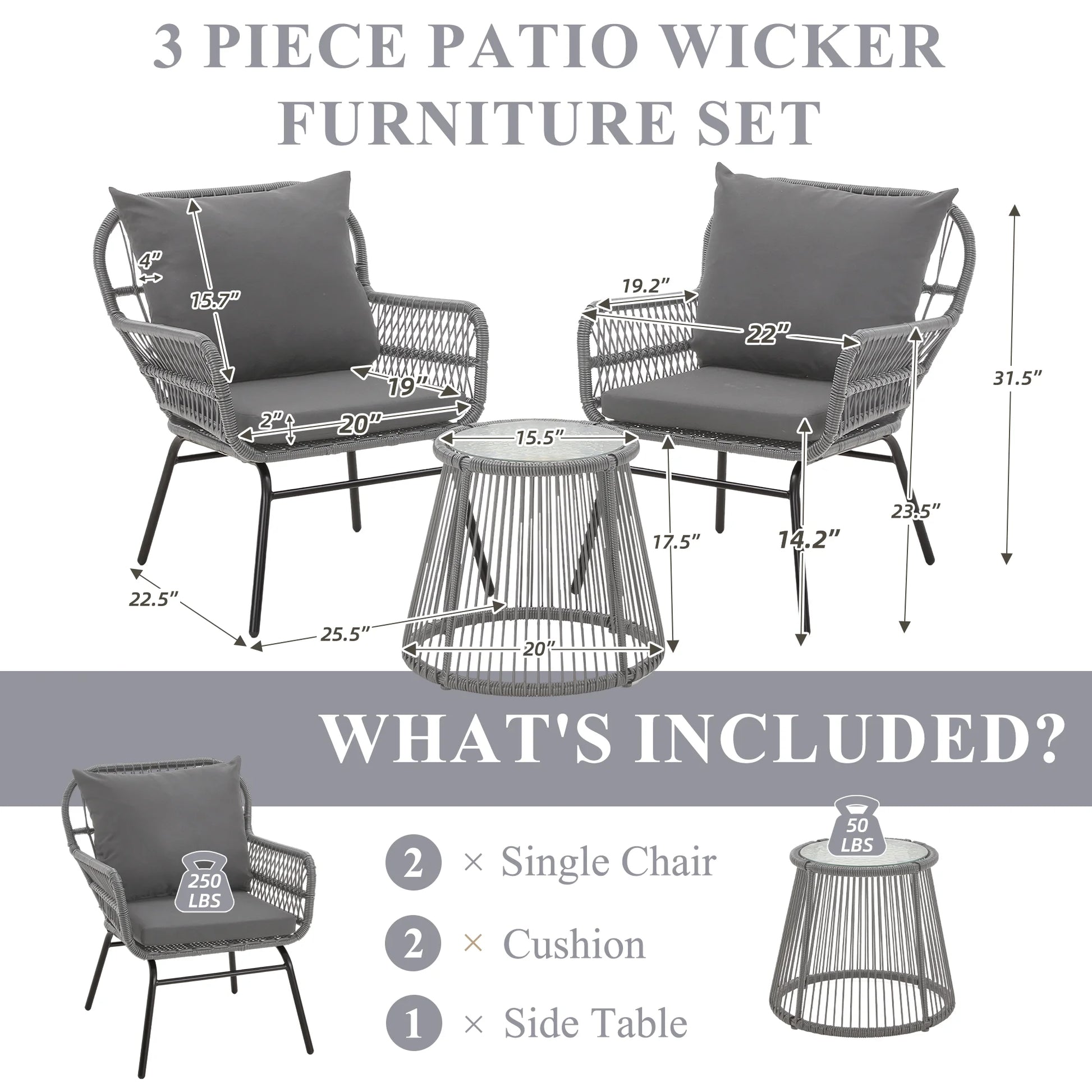 Bezseller 3-Piece Outdoor Wicker Furniture Set, Patio Conversation Set, Gray